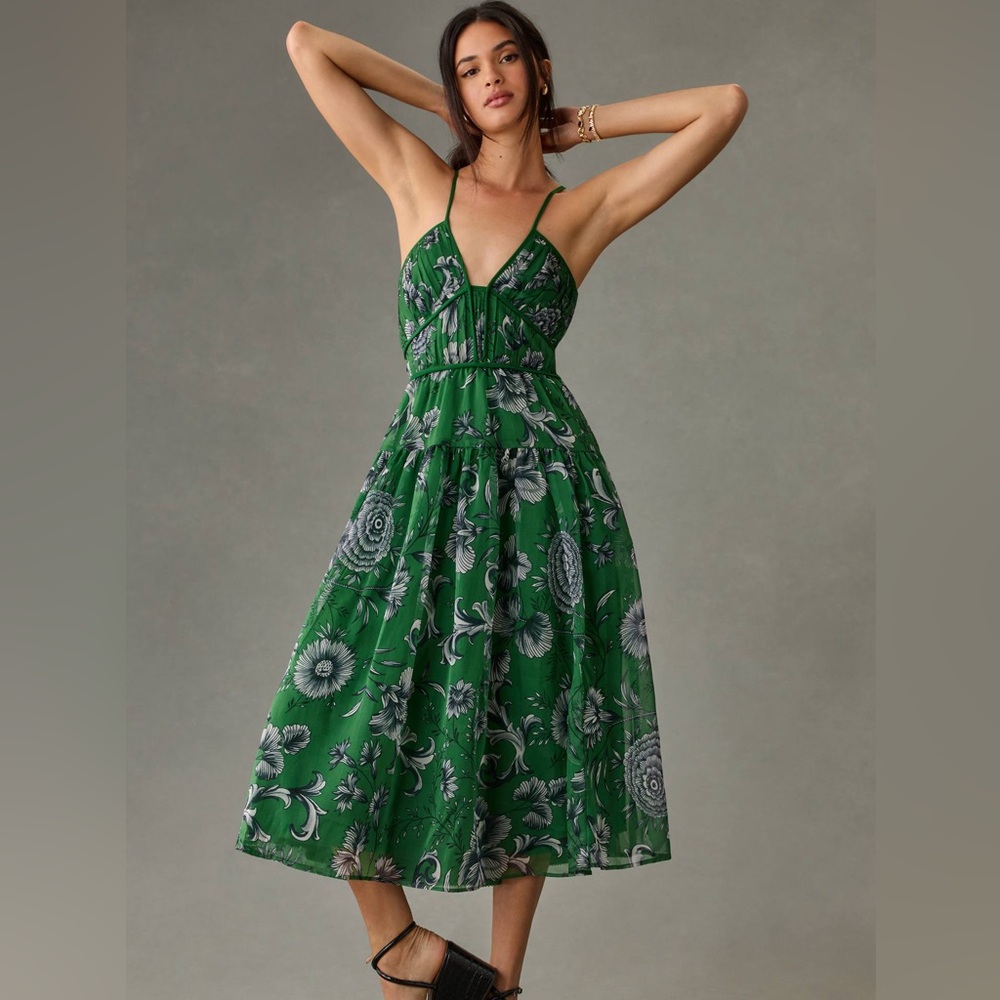 Large Anthropologie Penny Green Floral V-neck Midi Dress